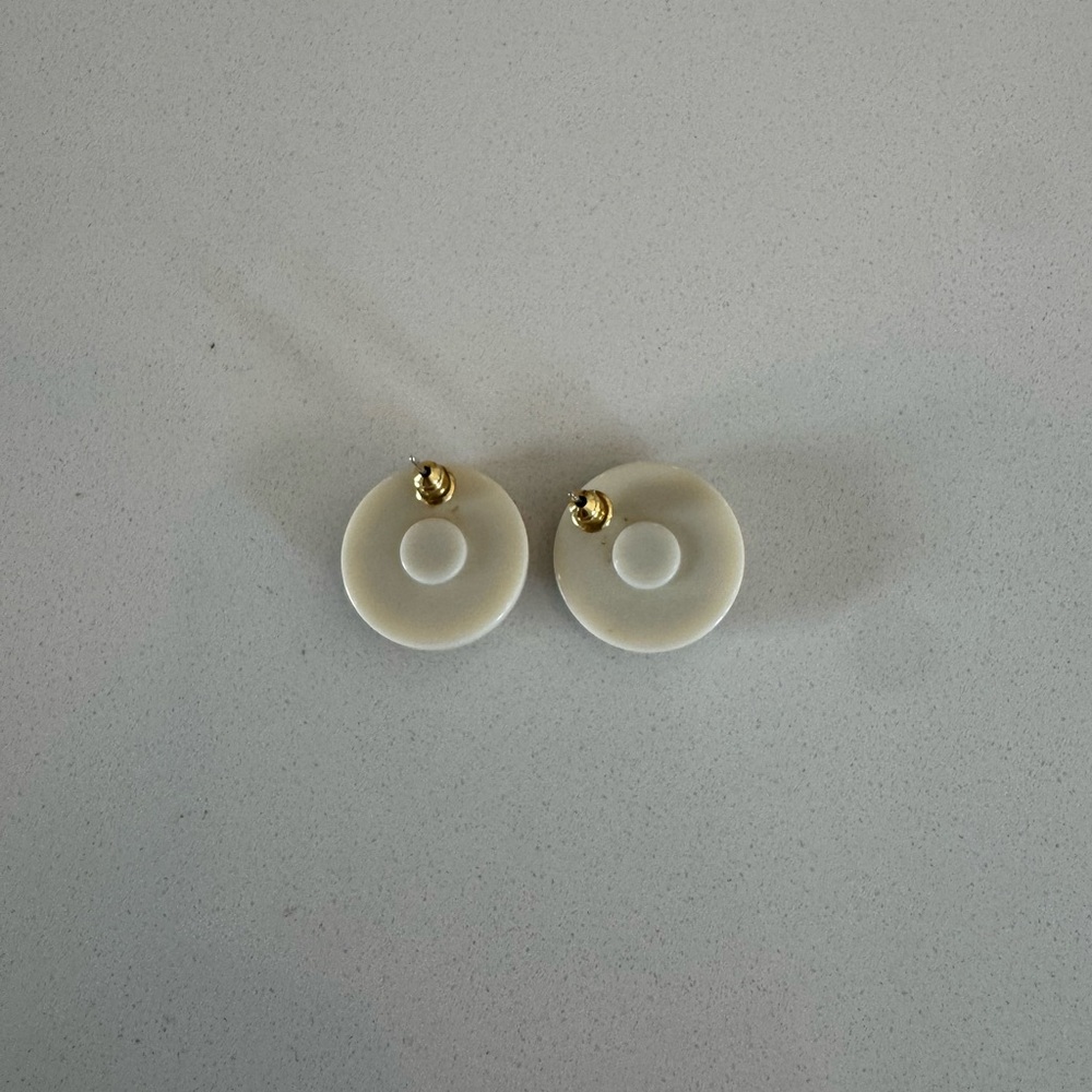 Celine Gold Emblem Round Earrings with White Border - Picture 2 of 2